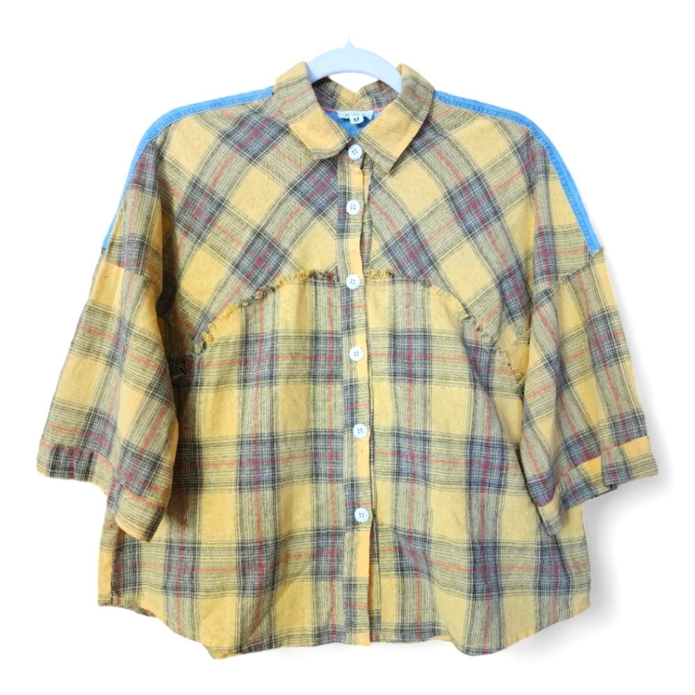 POL for Anthropologie Boxy Oversized Yellow Plaid & Chambray Shirt Size M